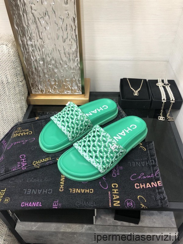 Replica Chanel 2022 Sandalo Scorrevole In Pelle Intrecciata In Verde Da 35 A 42