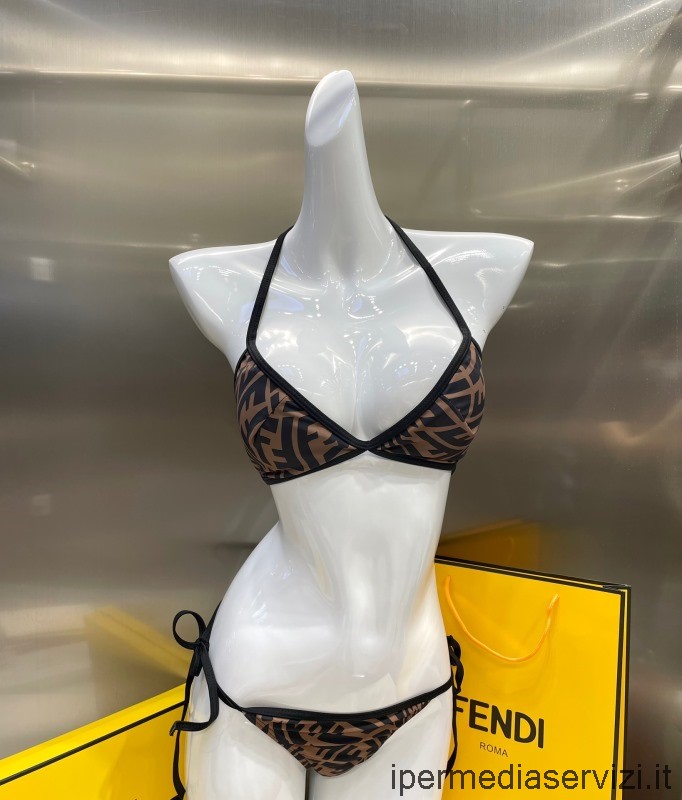 Replica Fendi Ff Logo Costume Da Bagno Bikini In Seta Marrone Sml