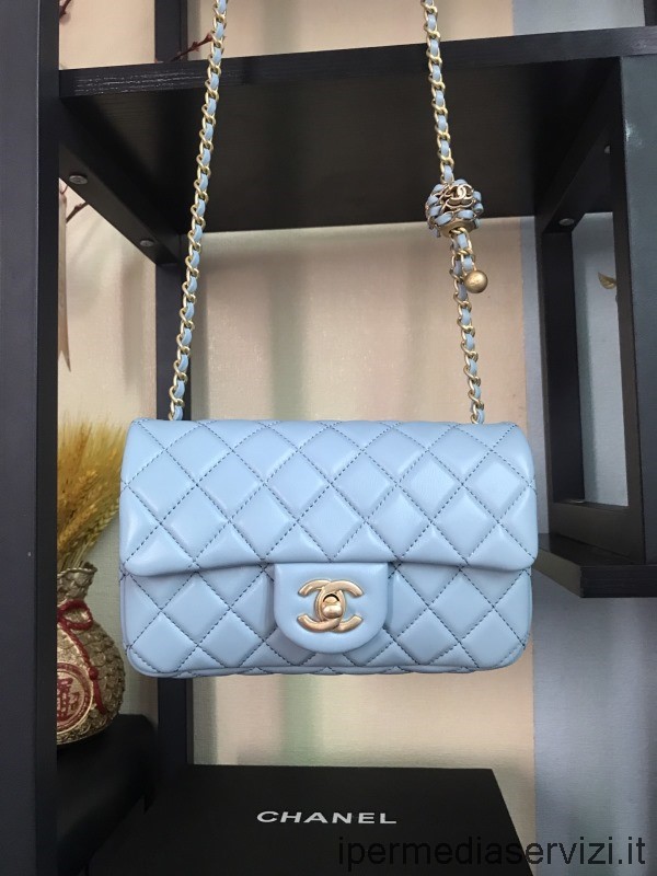Replica Chanel Mini Borsa Con Patta A Catena In Pelle Di Agnello Azzurra As1787 15x20x8cm