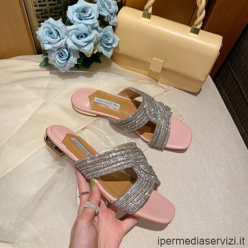 реплика Aquazzura Gatsby слинг плоски блестящи сандали на муле с кристално украсено розово 35 до 42