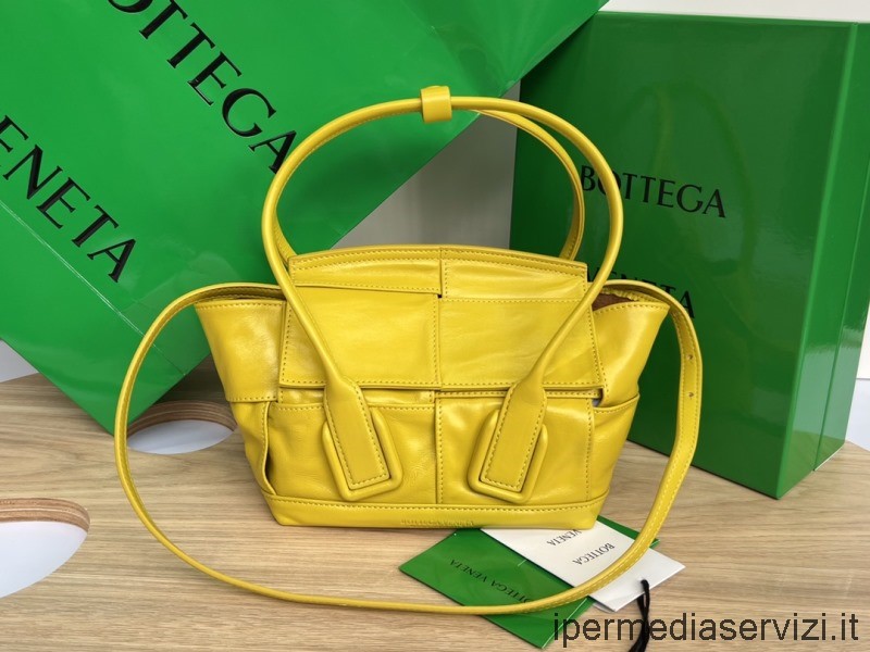 Replica Bottega Veneta Arco 29 Mini Yellow Intreccio Leather Top Handle Bag 17x16x6cm