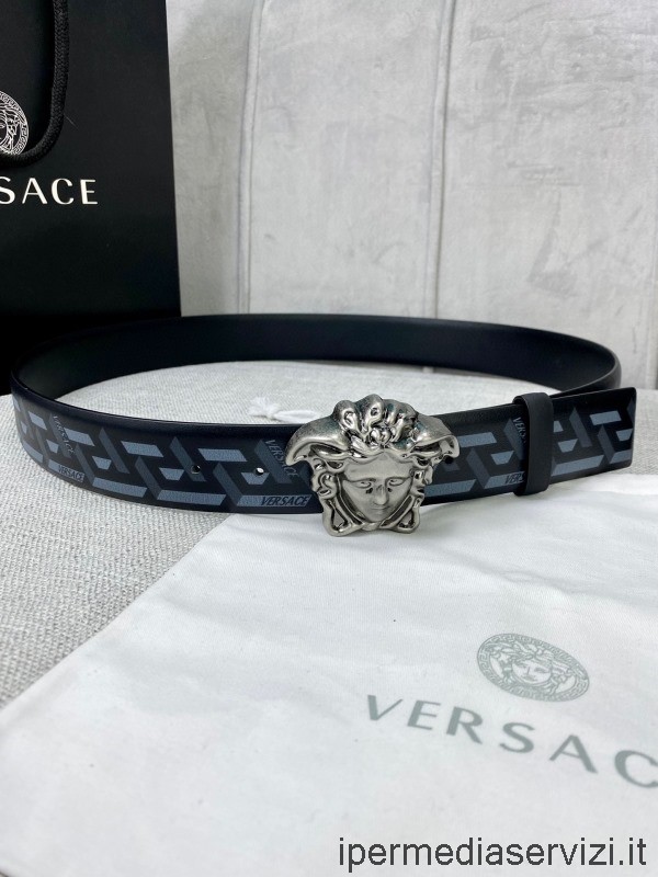 Cintura Decorata Con Stampa Medusa La Greca Replica Versace In Nero Blu 40 Mm