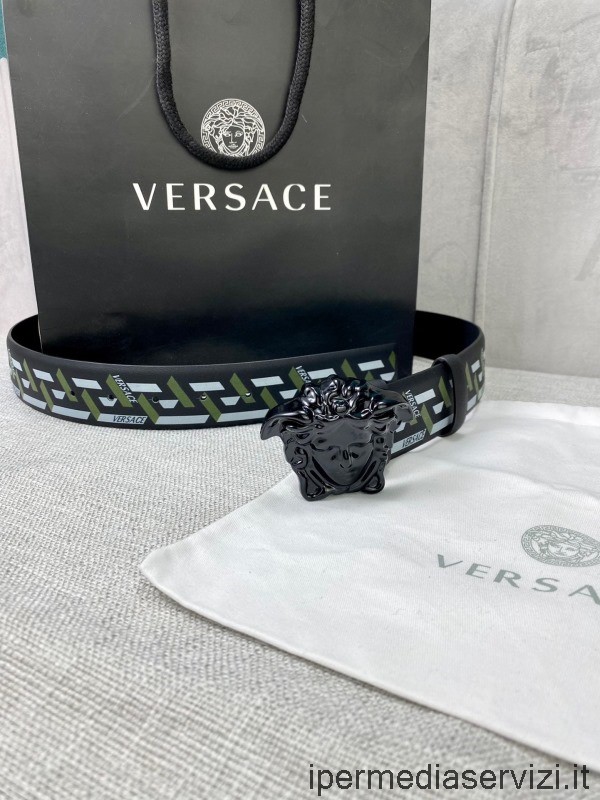 Cintura Decorata Con Stampa Medusa La Greca Replica Versace In Nero Verde 40 Mm