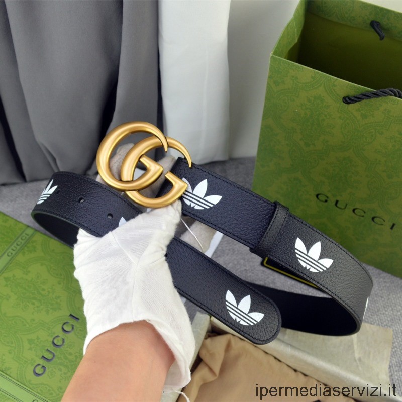Replica Gucci X Adidas Doppia G Fibbia Gg Marmont Cintura In Pelle Nera 40mm