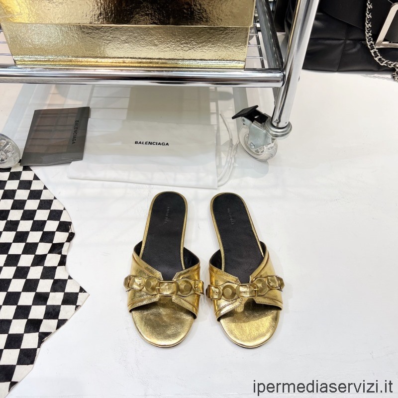 Replica Balenciaga Diapositive In Pelle Cagole Sandalo Piatto Con Borchie In Oro Da 35 A 41