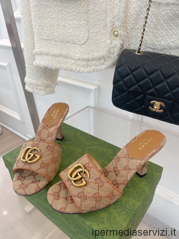 Replica Gucci Double G Beige Gg Supreme Sandalo Con Tacco In Tela 75mm Da 35 A 40