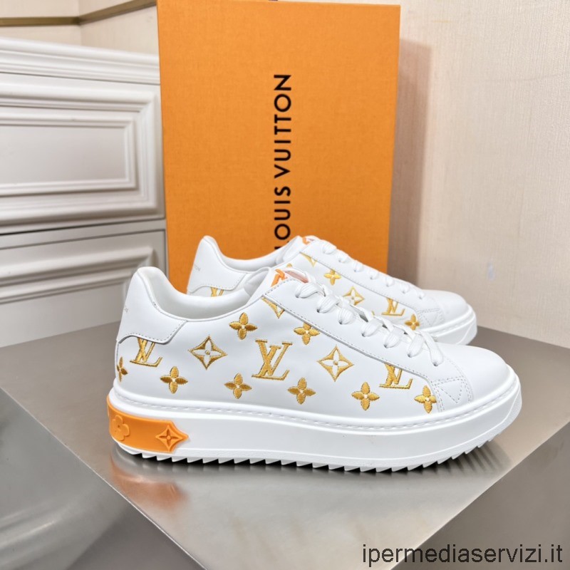 Replica Louis Vuitton Mens Time Out Sneaker Con Monogramma Oro Inciso In Pelle Di Vitello Bianca Da 38 A 45
