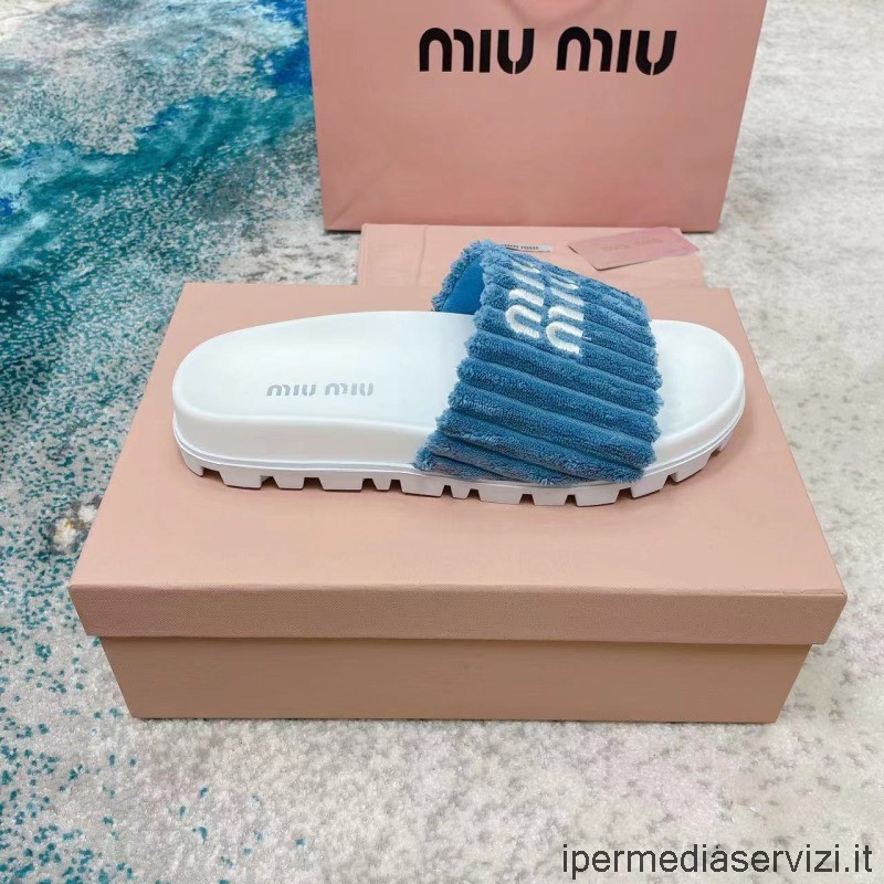 Replica Miu Miu Sandalo Piatto Classico In Spugna Con Ciabatte Blu Da 35 A 41