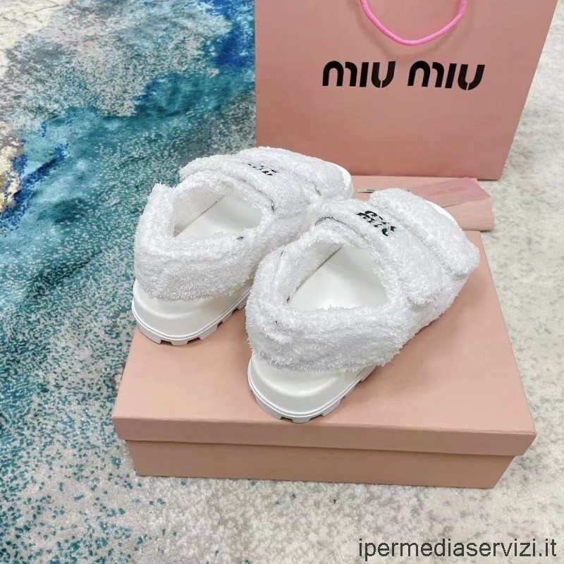 Replica Miu Miu Sandalo Piatto Classico In Tessuto Di Spugna Bianco Da 35 A 41