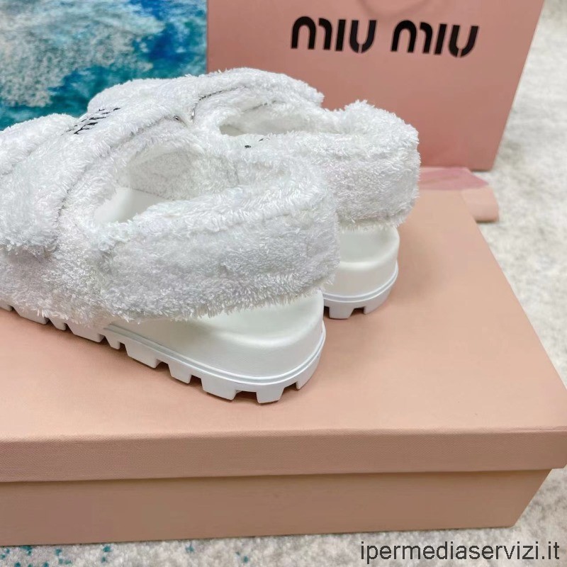Replica Miu Miu Sandalo Piatto Classico In Tessuto Di Spugna Bianco Da 35 A 41