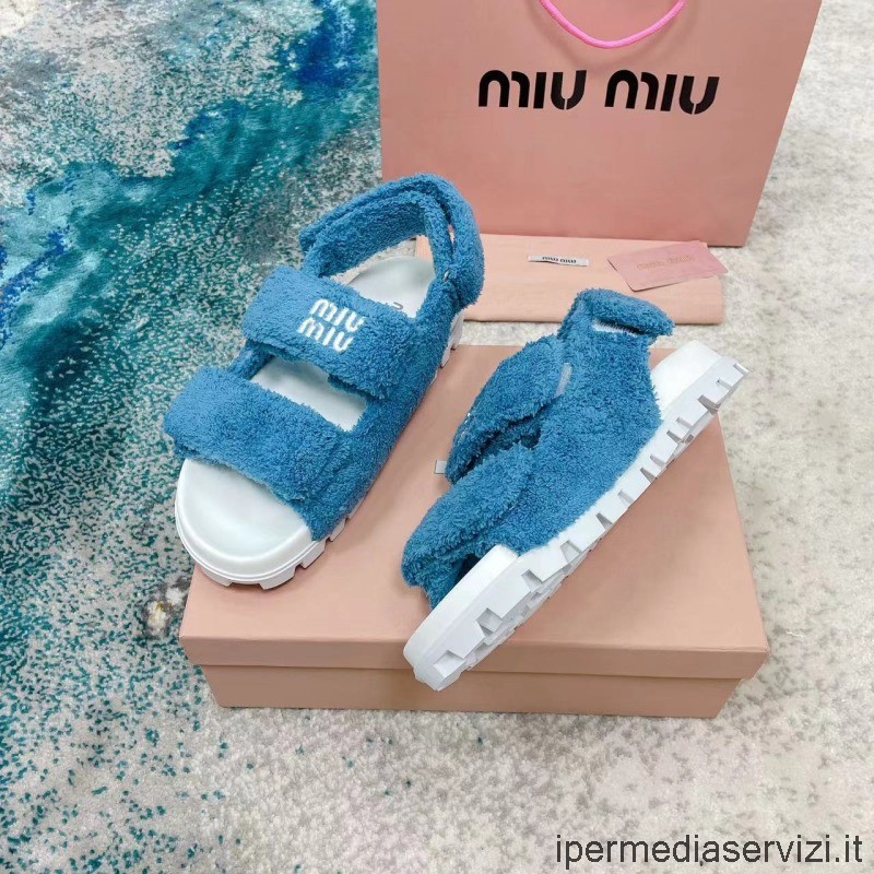Replica Miu Miu Sandalo Piatto Classico In Tessuto Di Spugna Blu Da 35 A 41