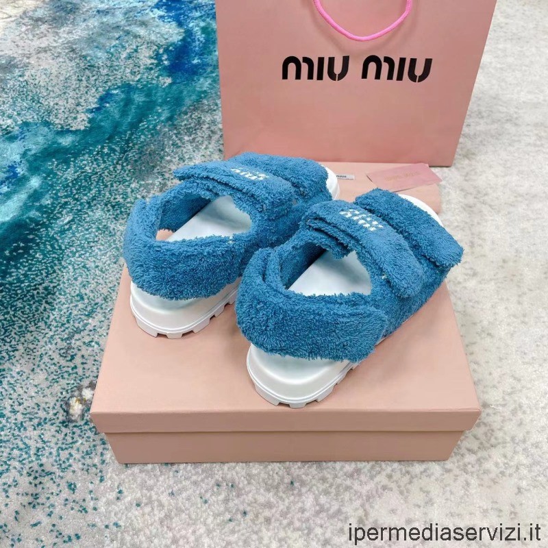 Replica Miu Miu Sandalo Piatto Classico In Tessuto Di Spugna Blu Da 35 A 41