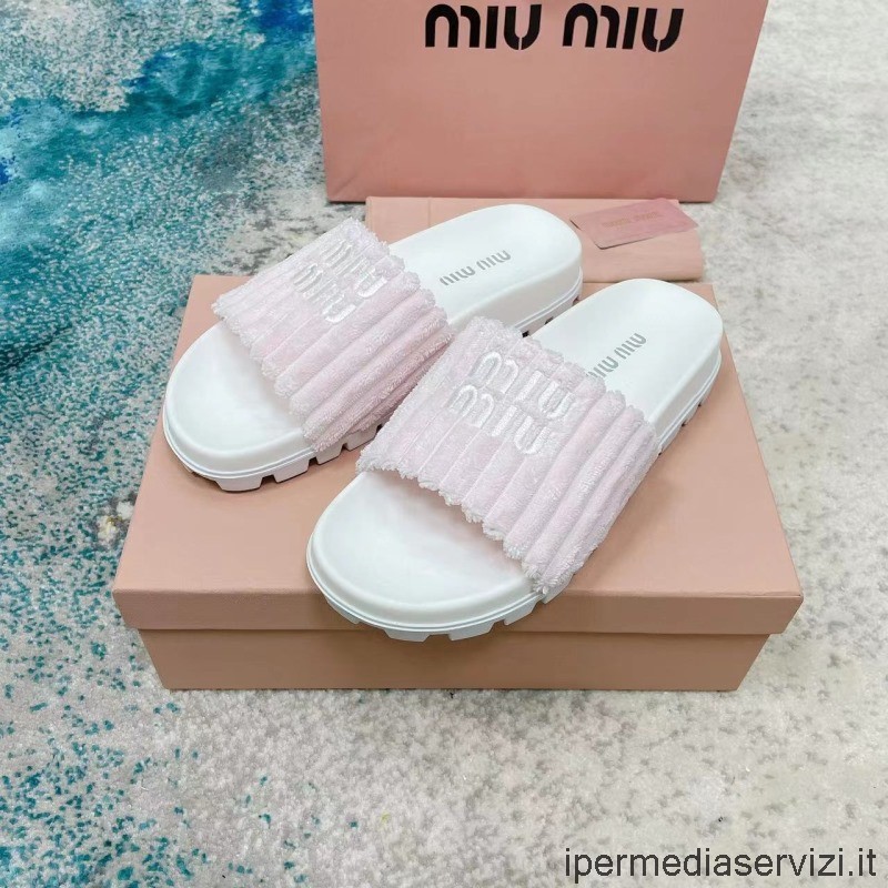 Replica Miu Miu Sandalo Piatto Classico In Tessuto Di Spugna In Rosa Da 35 A 41