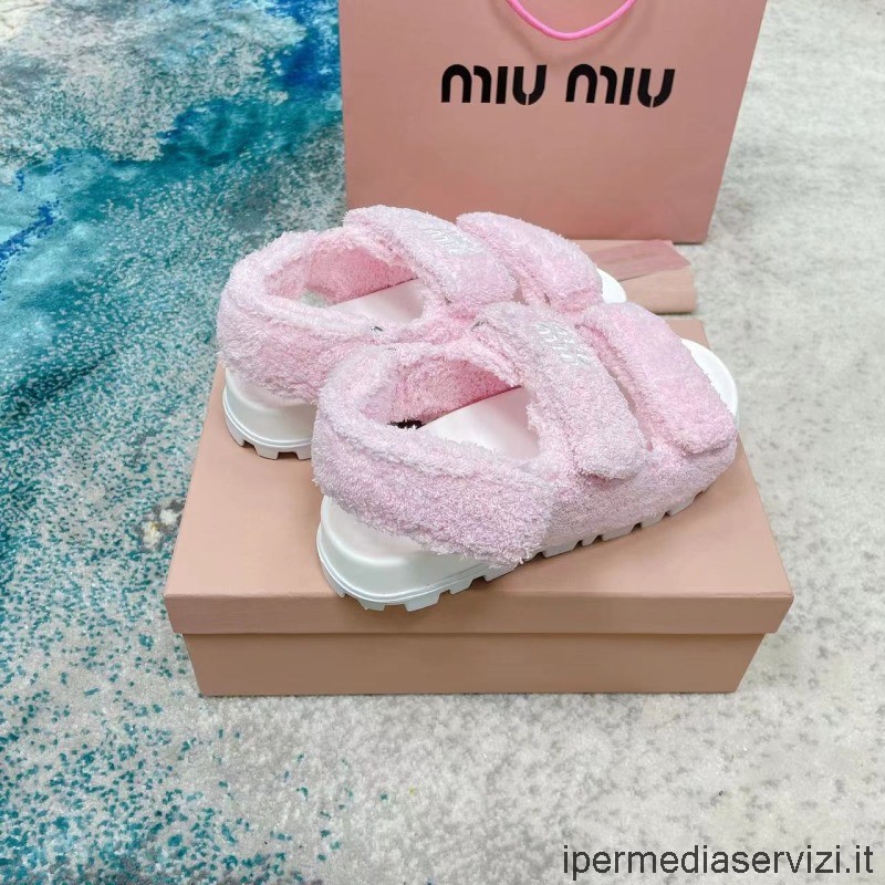 Replica Miu Miu Sandalo Piatto Classico In Tessuto Di Spugna Rosa Da 35 A 41