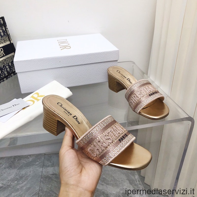 Sandalo Con Tacco Replica Dior Dway In Cotone Rosa Ricamato Con Filo Metallico Da 35 A 42
