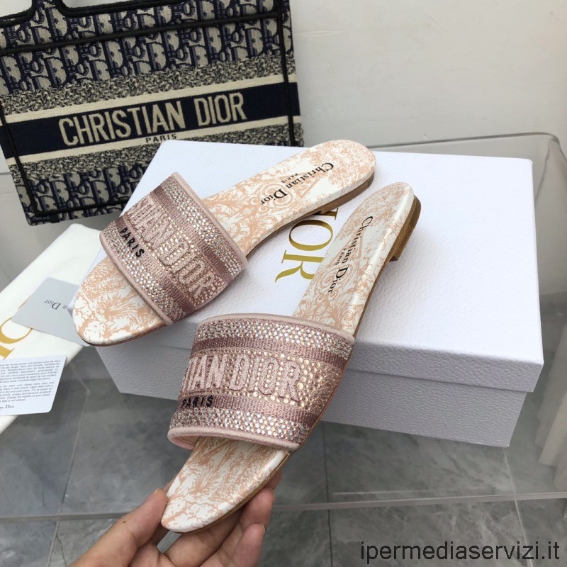 Sandalo Slide Replica Dior Dway In Cotone Rosa Toile De Jouy Ricamato Da 35 A 42